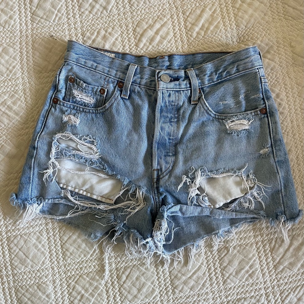Levi's Blue Jean Shorts with Distressing and Frayed Edges